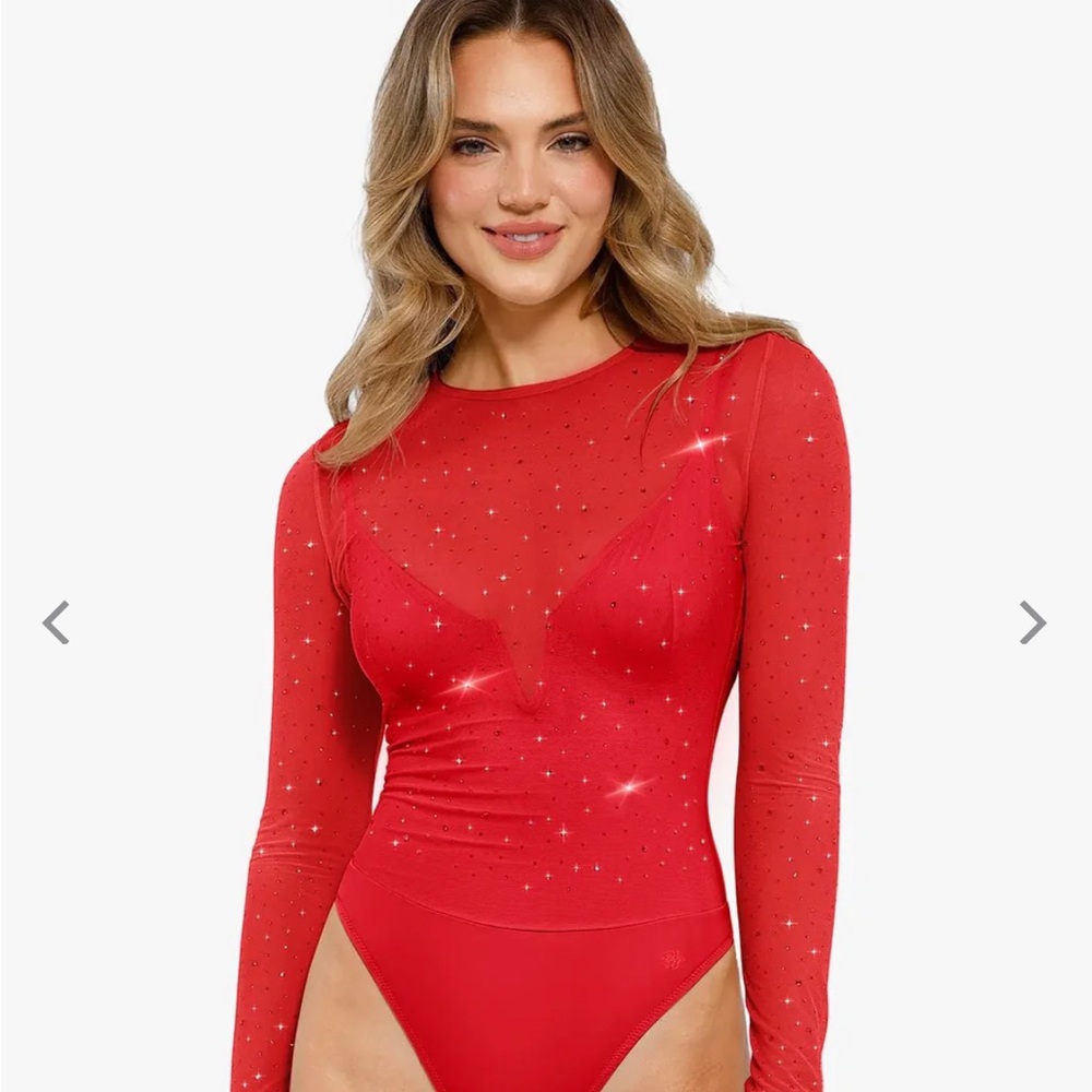 Shapewear Heat-Set Crystal Mesh Long-Sleeve Slimming Bodysuit NWT